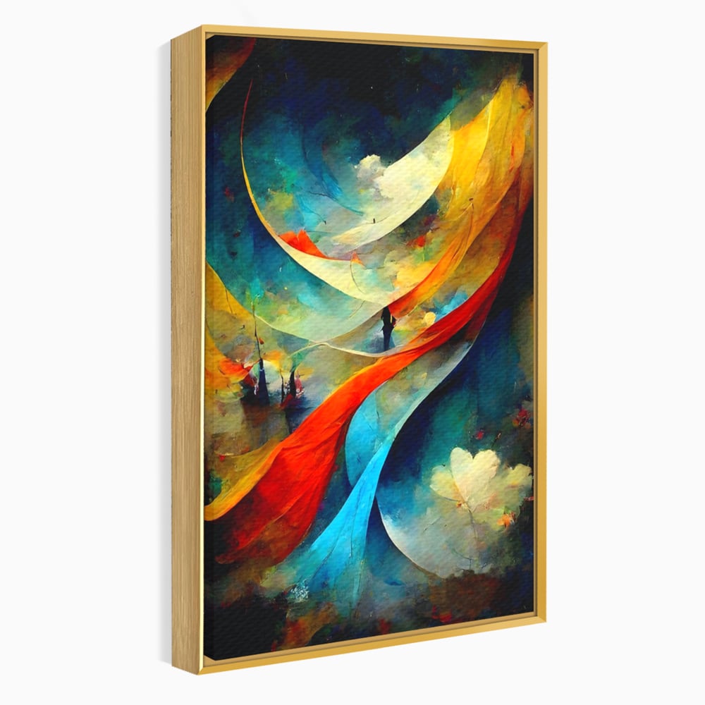 Tablou canvas cu pictura abstracta cu valuri colorate, in rama de aluminiu auriu